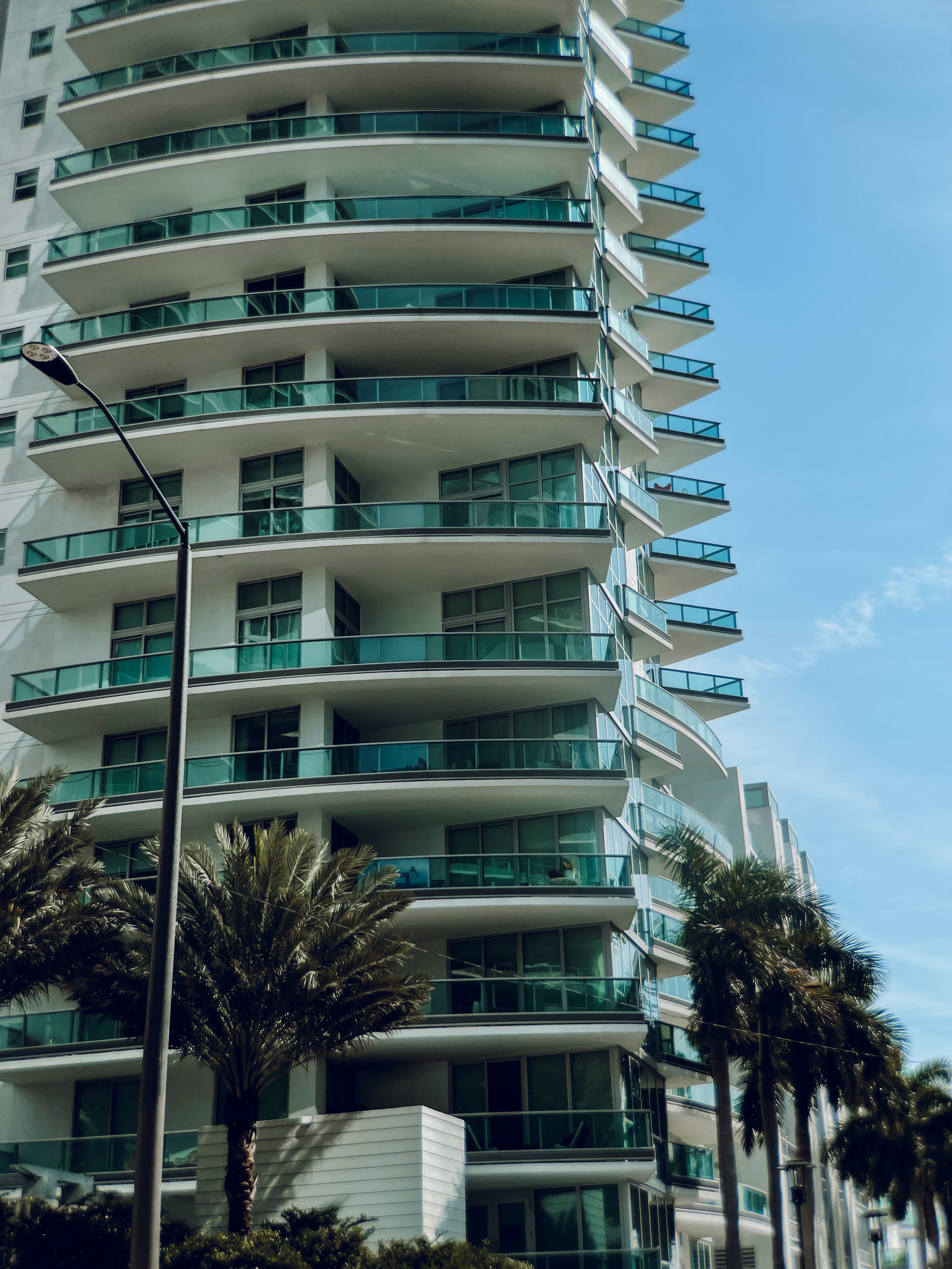Luxury curved residential tower with palm trees in Southern California